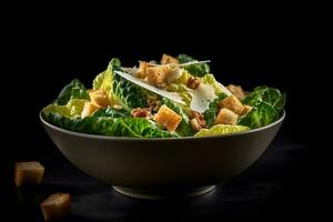 Caesar salade met gegrild kip, croutons, kwartel eieren en kers tomaten Aan houten rustiek tafel. neurale netwerk ai gegenereerd foto