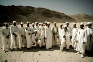 veel Arabisch mannen in de woestijn. neurale netwerk ai gegenereerd foto