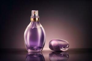 Purper glas parfum fles model. neurale netwerk ai gegenereerd foto