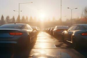 auto park Bij de einde van de dag. auto handelaar voorraad. neurale netwerk ai gegenereerd foto