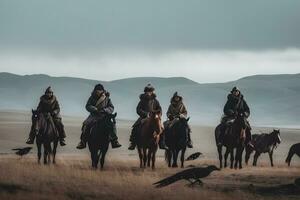 etnisch mongolen in de steppe Aan paard. neurale netwerk ai gegenereerd foto