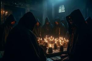 ritueel van middeleeuws priesters met kaarsen in de tempel. neurale netwerk ai gegenereerd foto