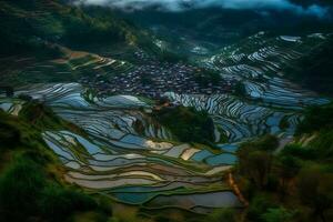 rijst- velden Aan terrasvormig van mu cang chai, yenbai, Vietnam. rijst- velden bereiden de oogst Bij Noord West vietnam.vietnam landschappen. neurale netwerk ai gegenereerd foto