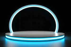 modern Product vitrine sci-fi podium met gloeiend licht neon achtergrond. neurale netwerk ai gegenereerd foto