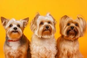 een groep van honden Aan een oranje achtergrond. neurale netwerk ai gegenereerd foto