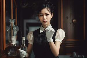 portret van meisje met Japans hulp in de huishouding kostuum in wijnoogst restaurant. neurale netwerk ai gegenereerd foto