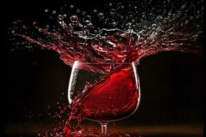 glas met plons van rood wijn Aan zwart achtergrond. neurale netwerk gegenereerd kunst foto