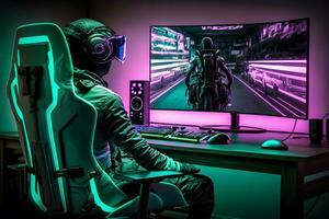 gamer in neon kamer virtueel realiteit stofbril. metaverse technologie concept, vr. neurale netwerk ai gegenereerd foto