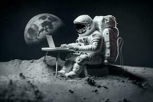 astronaut in buitenste ruimte werken Aan een laptop. neurale netwerk ai gegenereerd foto