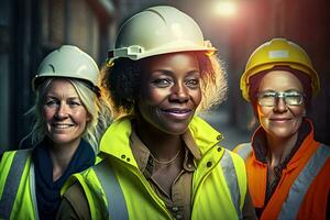 een team van vrouw bouw ingenieurs. vrouw managers van verschillend nationaliteiten zijn werken samen. neurale netwerk ai gegenereerd foto