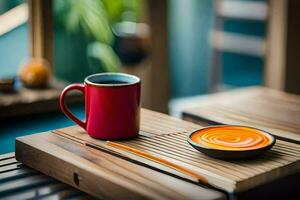 een rood mok en lepel Aan een houten tafel. ai-gegenereerd foto