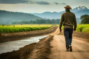 een Mens wandelen naar beneden een aarde weg in voorkant van een veld. ai-gegenereerd foto