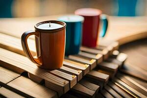 drie kleurrijk koffie cups zitten Aan een houten tafel. ai-gegenereerd foto