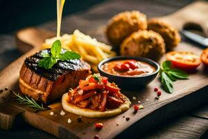 een steak is wezen gemotregend met saus Aan een houten snijdend bord. ai-gegenereerd foto