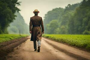 een Mens in een hoed en jas wandelen naar beneden een aarde weg. ai-gegenereerd foto