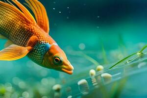 een vis met een blauw en oranje lichaam is zwemmen in de water. ai-gegenereerd foto