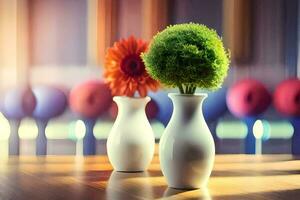 twee vazen met bloemen Aan een houten tafel. ai-gegenereerd foto