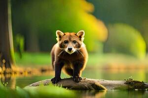 een rood panda is staand Aan een log in de water. ai-gegenereerd foto