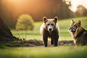 twee bruin bears staand De volgende naar elk andere in de gras. ai-gegenereerd foto