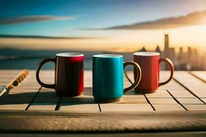 drie koffie mokken Aan een houten tafel met een stad in de achtergrond. ai-gegenereerd foto