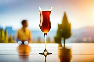 een glas van rood wijn zittend Aan een tafel. ai-gegenereerd foto