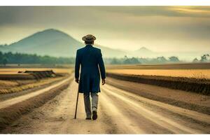 een Mens in een pak wandelingen naar beneden een aarde weg. ai-gegenereerd foto