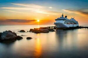 een reis schip aangemeerd Bij de pier Bij zonsondergang. ai-gegenereerd foto