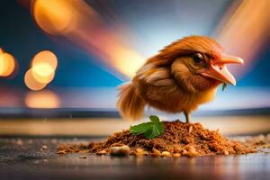 een klein vogel is staand Aan top van een stapel van aarde. ai-gegenereerd foto