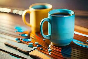 twee koffie cups Aan een houten tafel. ai-gegenereerd foto