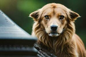 een hond met lang haar- staand Aan een dak. ai-gegenereerd foto