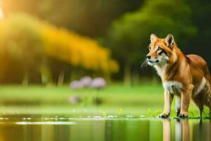 een rood vos staand Aan de rand van een meer. ai-gegenereerd foto