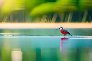 een rood en wit vogel staand Aan de water. ai-gegenereerd foto