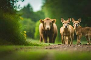 twee bruin bears en een hert wandelen langs een aarde weg. ai-gegenereerd foto