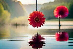 een rood bloem hangende van een touw in de water. ai-gegenereerd foto