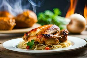 kip met pasta Aan een bord. ai-gegenereerd foto