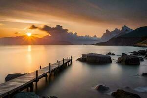 een pier Bij zonsondergang met rotsen en water. ai-gegenereerd foto