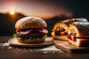 twee hamburgers Aan een houten bord met een zonsondergang in de achtergrond. ai-gegenereerd foto