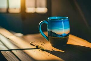 een koffie kop Aan een tafel met een berg in de achtergrond. ai-gegenereerd foto