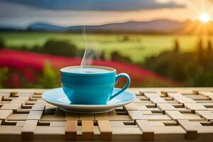 een kop van koffie Aan een houten tafel. ai-gegenereerd foto