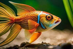 een vis met een helder oranje en blauw lichaam. ai-gegenereerd foto
