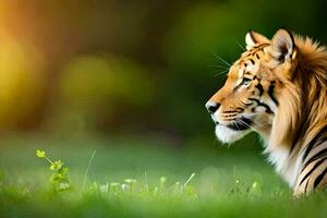 een tijger is zittend in de gras. ai-gegenereerd foto