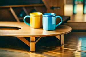 twee koffie mokken Aan een houten tafel. ai-gegenereerd foto