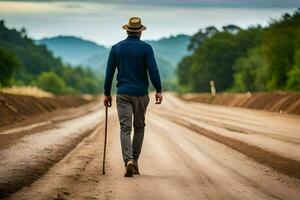 een Mens wandelen naar beneden een aarde weg met een riet. ai-gegenereerd foto