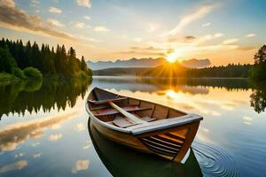 de boot Aan de meer Bij zonsondergang. ai-gegenereerd foto