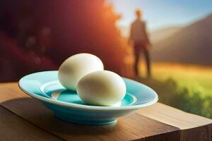 twee eieren Aan een bord in voorkant van een Mens. ai-gegenereerd foto