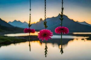 roze bloemen hangende van een touw over- een meer. ai-gegenereerd foto