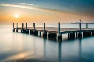 een pier in de water Bij zonsondergang. ai-gegenereerd foto