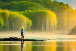 een Mens staand Aan een log in de water Bij zonsopkomst. ai-gegenereerd foto