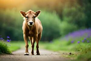 een klein bruin koe staand Aan een weg. ai-gegenereerd foto