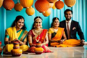 een familie van Indisch Dames in traditioneel kleding. ai-gegenereerd foto